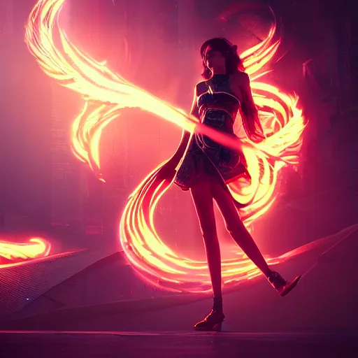 Prompt: a girl like yoona, in a glowing skirt, casting fire spell, background cyberpunk spaceship, full shot, photo, geometries, Fibonacci volumetric lighting, epic composition, intricate details, dark neon punk, by denis villeneuve and WLOP