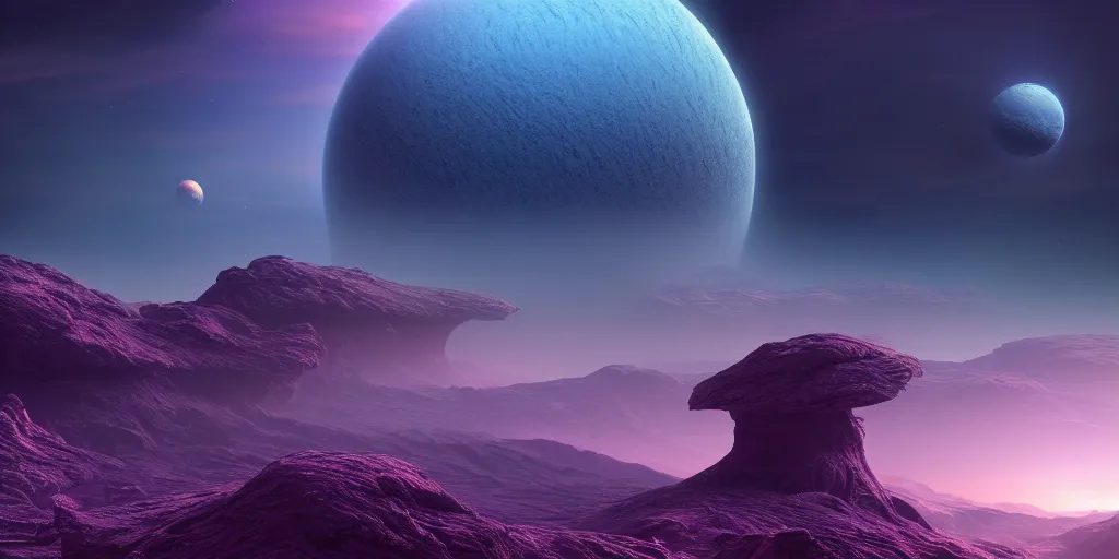 Image similar to very beautiful view of alien planet landscape at dawn, purple sky, science fiction digital art, award winning, trending on artstation, digital art. highly detailed 8 k. intricate. lifelike. soft light. nikon d 8 5 0.