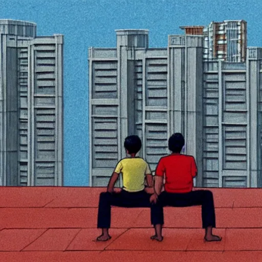 Prompt: art of two singaporean students sitting on the roof of a hdb flat, by moebius