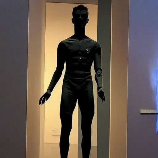 Image similar to “ a realistic detailed photo of a guy who is an attractive humanoid who is half robot and half humanoid, who is a male android, soccer player antoine griezmann, shiny skin, posing like a statue, blank stare, at the museum, on display ”