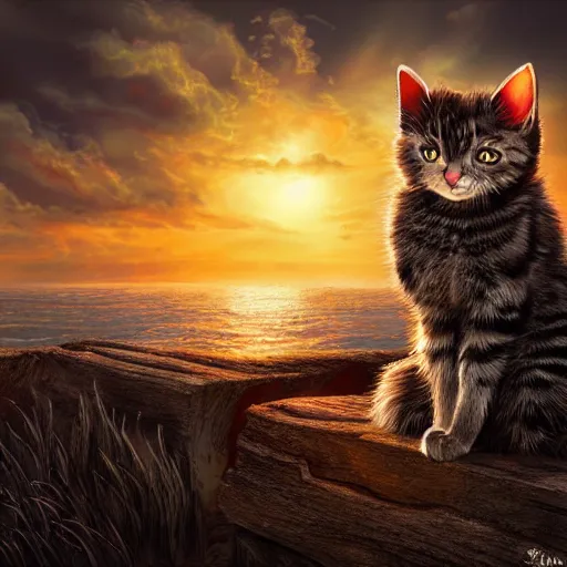 Image similar to fantasy cat looking at sunset, high detail, fantasy art, concept art, 4 k, ultra detail, computer art