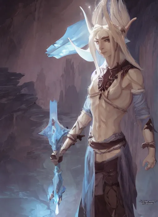 Image similar to concept art painting of an elf with brown skin and short white hair, demon horns, blue tunic and robes, detailed, d & d style, cel shaded, in the style of ruan jia and artgerm and makoto shinkai and james gurney