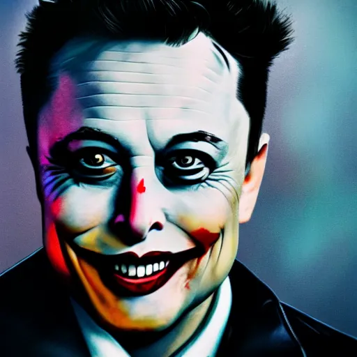 Image similar to elon musk as joker, highly detailed face, 8 k, 3 5 mm film