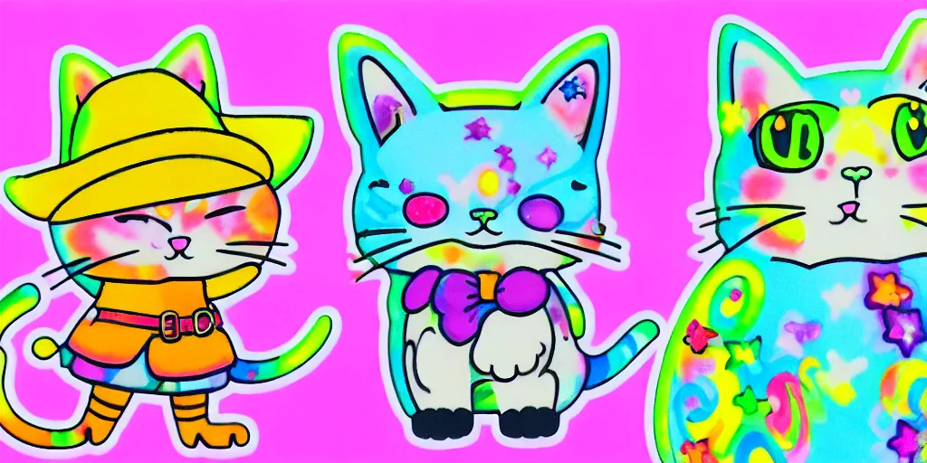 Image similar to a cat cowboy, puffy sticker, glitter sticker, kawaii by studio ghibli, by lisa frank 8 k pastel colours, neon colours, fluorescent colours,