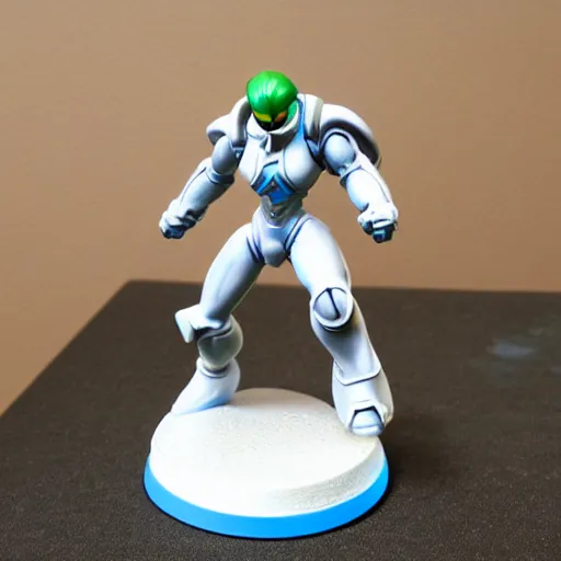 Prompt: samus varia white suit as a warhammer tabletop figurine