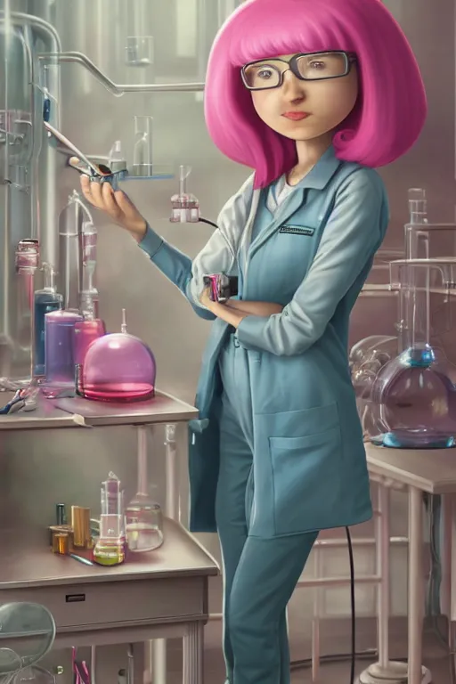 Image similar to highly detailed, industrial photography, colored gel light, profile photo of adult princess bubblegum from adventure time, working in her science lab, wearing lab coat, long bubblegum hair, long straight bangs, confident, beautiful, attractive, illustration concept art by nicoletta ceccoli, mark ryden, lostfish, detailed and intricate environment, 8 k resolution, hyperrealistic, octane render