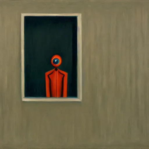 Prompt: slenderman, lurking in the shadows, mind control, dystopian, pj crook, edward hopper, oil on canvas