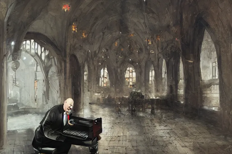 Image similar to an expressive portrait of agent 4 7 playing the piano in a monastery, dark background, red rim light, digital art, artstation, concept art by giger stalenhag