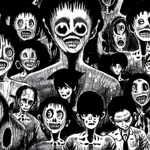 Prompt: manga panel, junji ito, body horror, horror, terrifying, nightmare fuel, scary,