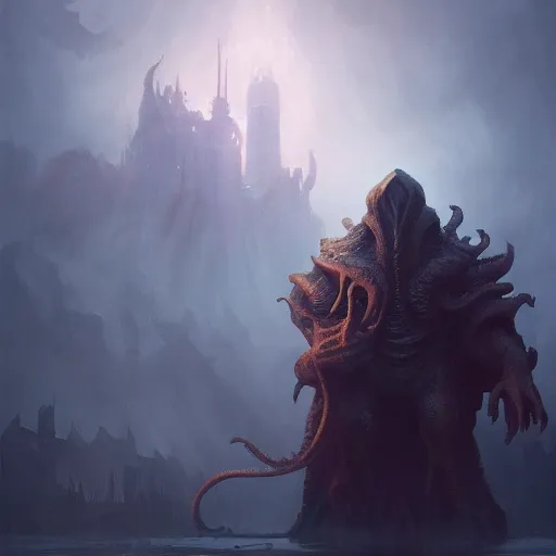 Image similar to gigantic cthulhu, size comparsion, small city, dramatic lighting, chiaroscuro, high detail, painted by greg rutkowski, painted by igor kieryluk, painted by bobby chiu, trending on artstation