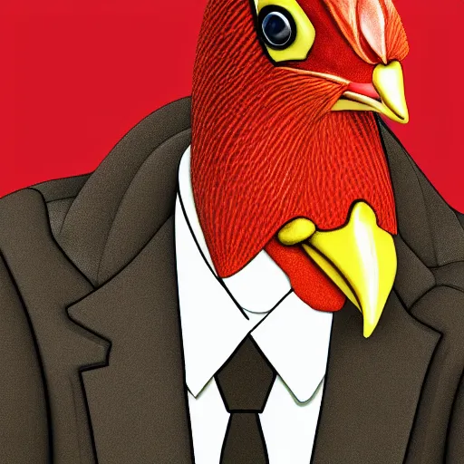 Prompt: a closeup portrait of an antropomorphic chicken wearing a suit, photorealistic