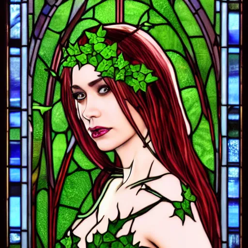 Prompt: a stunningly detailed stained glass window of a beautiful alison hannigan as poison ivy with white skin and with hair pulled up in a ponytail, dark eyeliner, intricate, elegant, highly detailed, digital painting, artstation, concept art, sharp focus, illustration, art by greg rutkowski and alphonse mucha