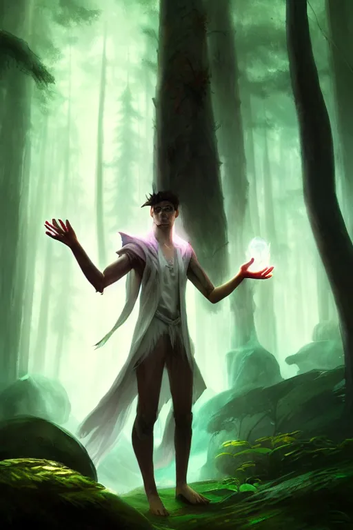 Image similar to a human elemental sorcerer, forest setting, colorful magic, male, white skin, young, sharp focus, concept art, dynamic lighting, unreal engine, character by emylie boivin, background by greg rutkowski