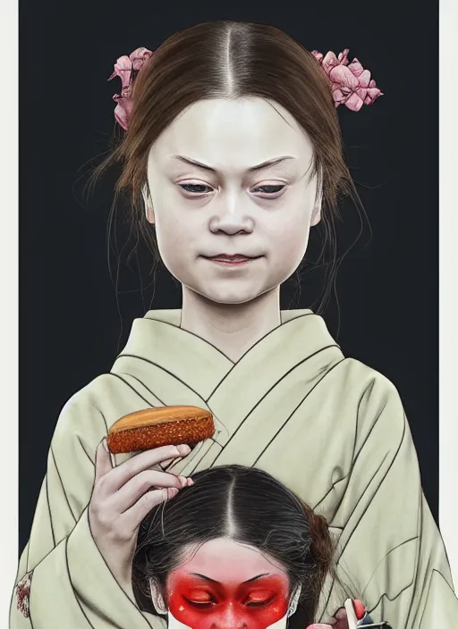 Image similar to detailed portrait of greta thunberg as a geisha eating cakes, trending on artstation elite, elegant, luxury, by krenz cushart, junji ito, takato yamamoto, perfect face, fine details, realistic shaded, fine - face, pretty face