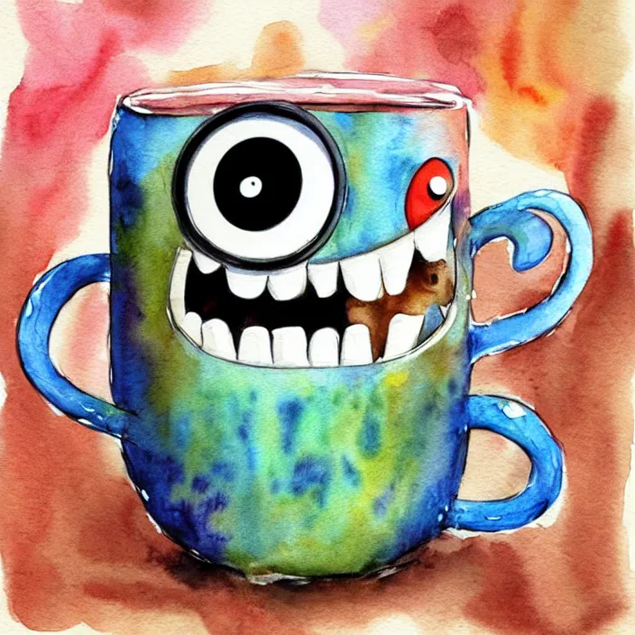 Image similar to cute coffee cup monster with googly eyes, pixar illustration, watercolor splash, dreamworks