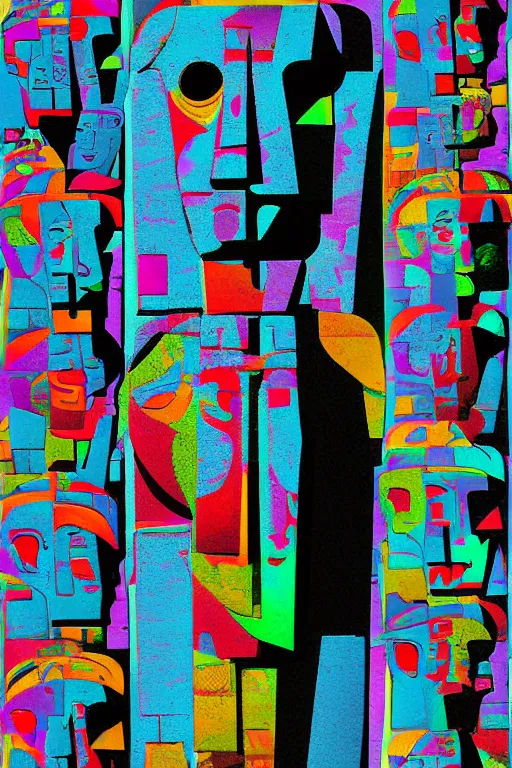 Image similar to cubist moai statue cutout digital illustration cartoon colorful beeple