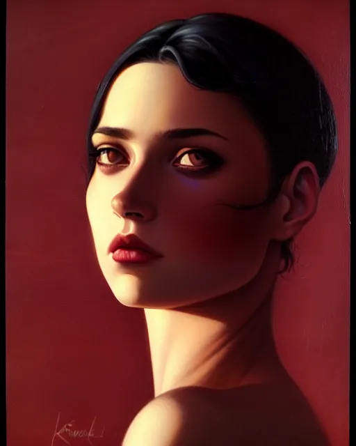 Prompt: stylized portrait of an artistic pose, composition, dark sensual mysterious young lady, cinematic moody colors, one single head, realistic shaded, fine details, realistic shaded lighting poster by ilya kuvshinov, magali villeneuve, artgerm, jeremy lipkin and michael garmash and rob rey