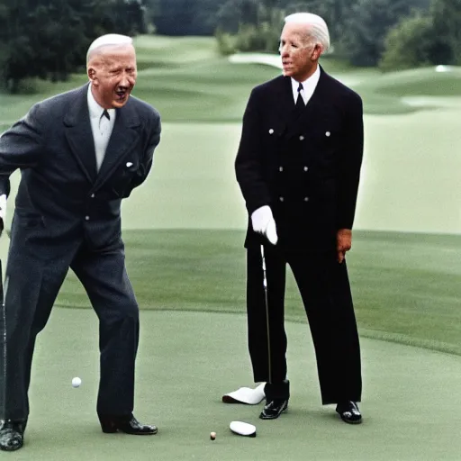 Prompt: UHD candid color photo of Hitler and Joe Biden playing golf, accurate faces, UHD, photorealistic, correct face, photo by Annie Leibowitz