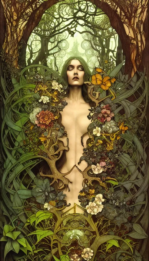 Image similar to M. C. Escher time machine, lush forest painted by tom bagshaw, mobius, mucha M. C. Escher, gold paint, ink, gnarly details