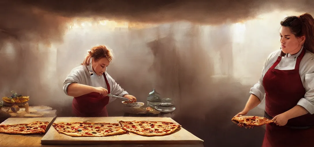 Prompt: a chubby female chef experimenting on a pizza, happy, mysterious, fog, magical, colorful, 8k, james gurney, greg rutkowski, john howe, artstation