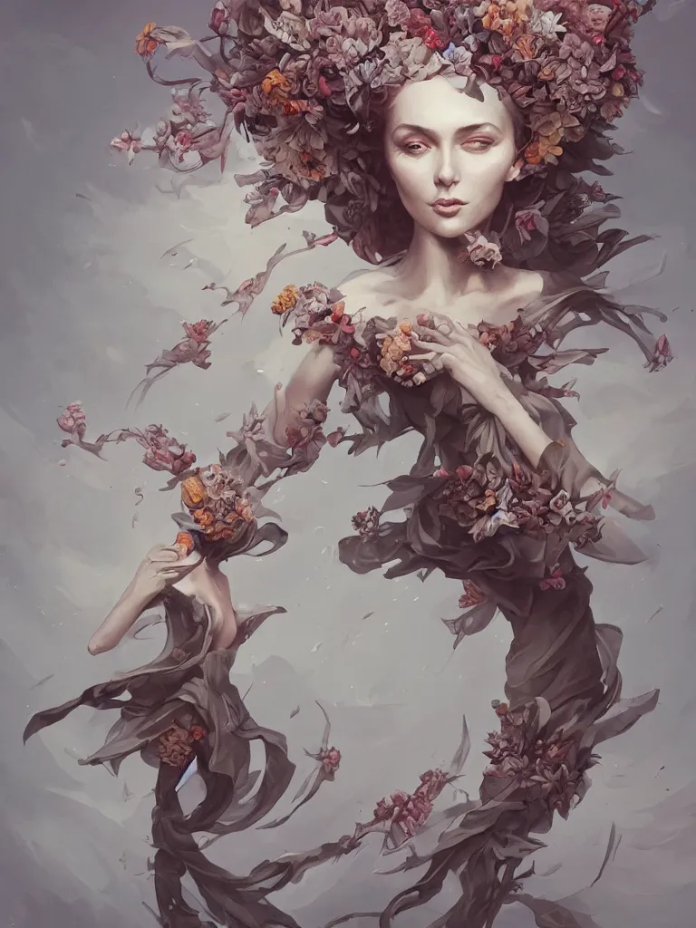 Image similar to a fashion portrait of a corpse covered in flowers flying in a dynamic pose, in the style of peter mohrbacher, highly detailed, soft lighting, art nouveau patterns, trending on artstation