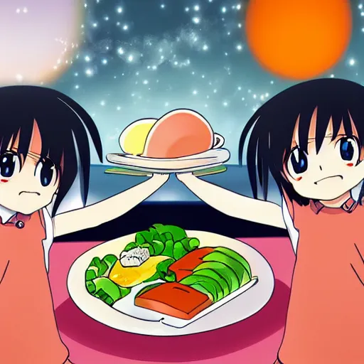 Prompt: An anime illustration of dish with a friend fish and eggs