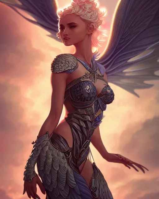 Prompt: 3 / 4 view of woman with wings, confident pose, pixie character, video game genshin impact, intricate, elegant, sharp focus, illustration, highly detailed, concept art, matte, magali villeneuve, artgerm, anime, trending on artstation