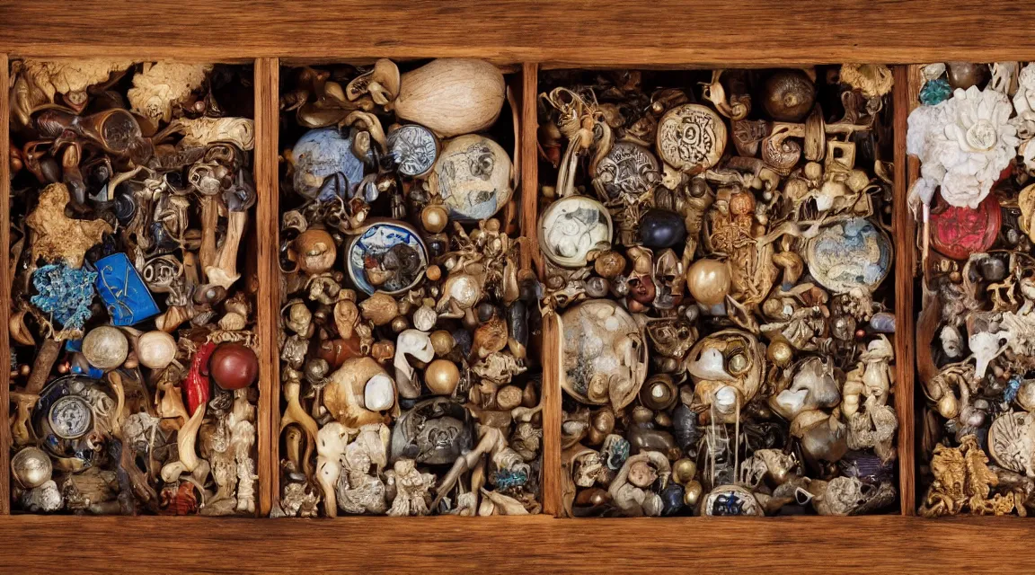 Image similar to wooden box with cabinet of curiosities neatly ordenend with strange natural artifacts and wonders of the world, photo realistic, professional photo, by Steve McCurry