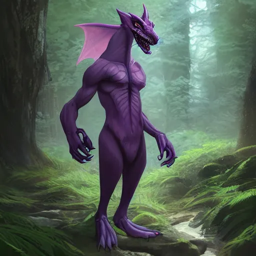 Image similar to concept art painting of an anthropomorphic purple humanoid bipedal dragon, in the deep forest, realistic, detailed, cel shaded, in the style of makoto shinkai and greg rutkowski and james gurney