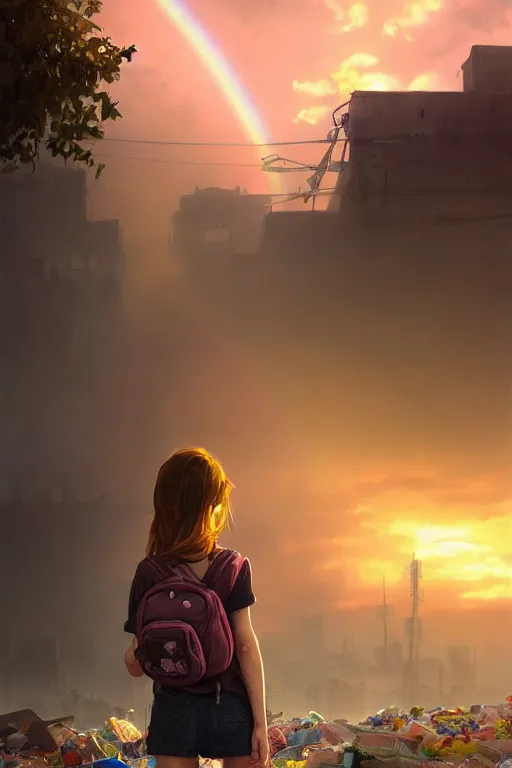 Prompt: teenage beauty girl mini hort with backpack looking at food at garbage dump, destroyed cars, city is pure wasteland, moody sunset background, rays of sunlights, ( ( ( rainbow ) ) ), high details, sharp, photorealism, cinematic, greg rutkowski, alphonse mucha, trending on artstation, artgerm, unreal engine, highly detailed