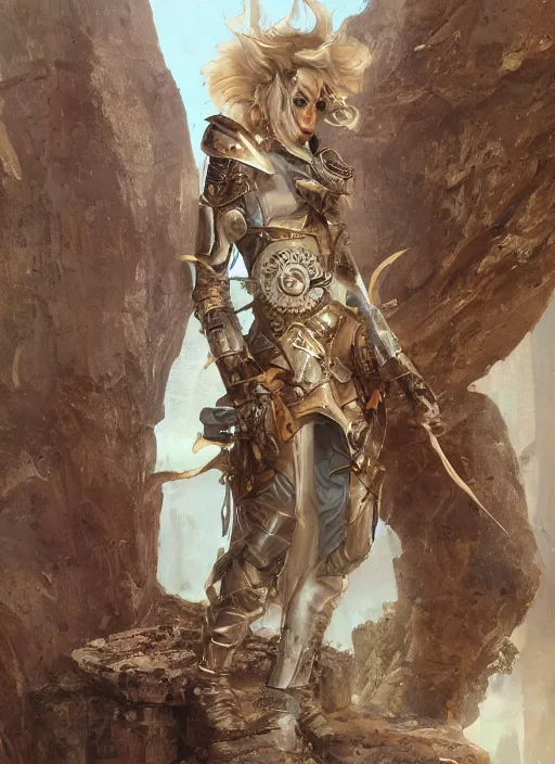 Prompt: highly detailed steampunk armor on a blond who is standing on a rock : greg rutkowski, magali villeneuve