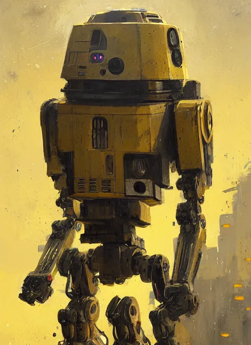 Prompt: tall strong intricate yellow pit droid, pancake head painterly mecha, by Greg Rutkowski