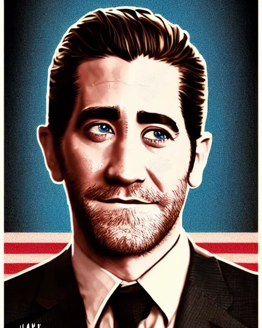 Prompt: vintage movie poster, jake gyllenhaal!! portrays united states president donald trump, action thriller, minimal, vibrant, fanart, trending on artstation