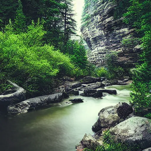 Image similar to a beautiful landscape, river, rocks, trees, by greg rutkowsi, glitch