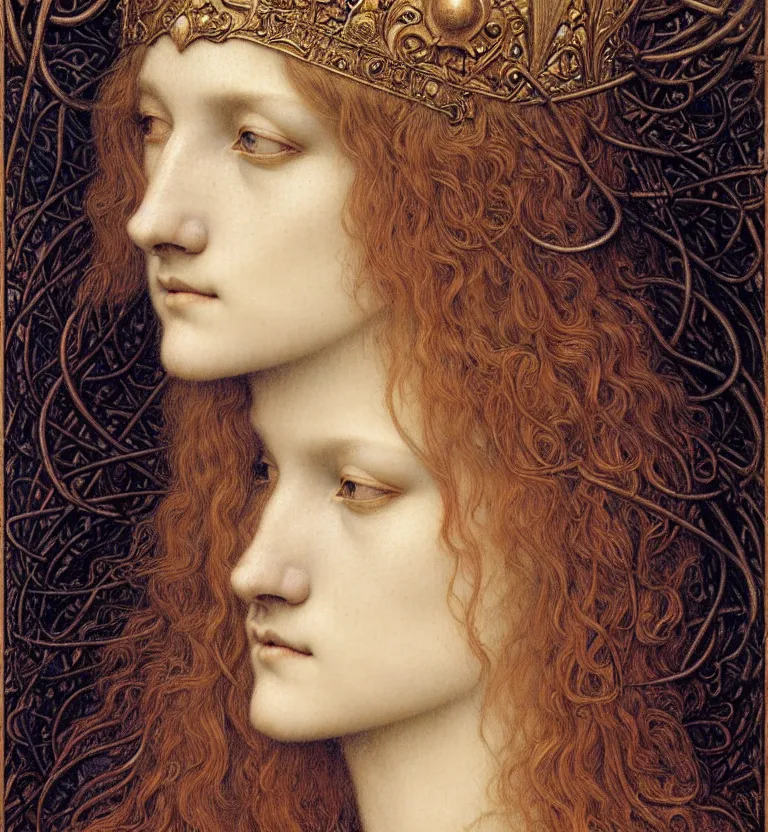 Image similar to detailed realistic beautiful young medieval queen face portrait by jean delville, gustave dore and marco mazzoni, art nouveau, symbolist, visionary, gothic, pre - raphaelite. horizontal symmetry