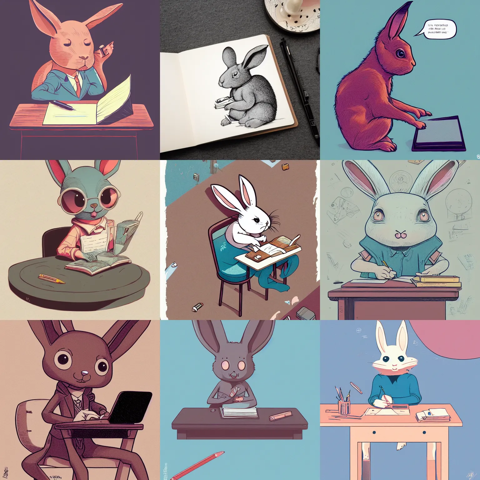 Prompt: a cute cartoon rabbit sitting at a desk writing on a notebook, llustration, josan gonzales, wlop, james jean, Victo ngai, David Rubín, Mike Mignola, Laurie Greasley, artgerm, highly detailed, sharp focus, Trending on Artstation, HQ, deviantart