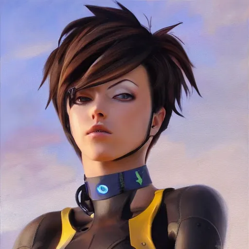 Image similar to oil painting of tracer overwatch in a field, in style of mark arian, expressive face, very detailed face, wearing black steel choker, very detailed eyes, full body, feminine face, detailed makeup on eyes,