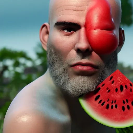 Prompt: an semi realistic man with a watermelon head rendering by bana benedick, denning guy, eng kilian, fujita goro and jones, peter andrew, cinematic lighting, ray tracing, unreal engine 5,