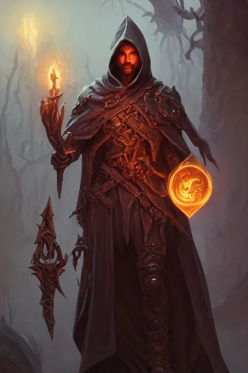 Image similar to male necromancer, full body shot, hood, d & d, fantasy, horror intricate, elegant, highly detailed, digital painting, artstation, concept art, matte, sharp focus, illustration, hearthstone, art by artgerm and greg rutkowski and alphonse mucha