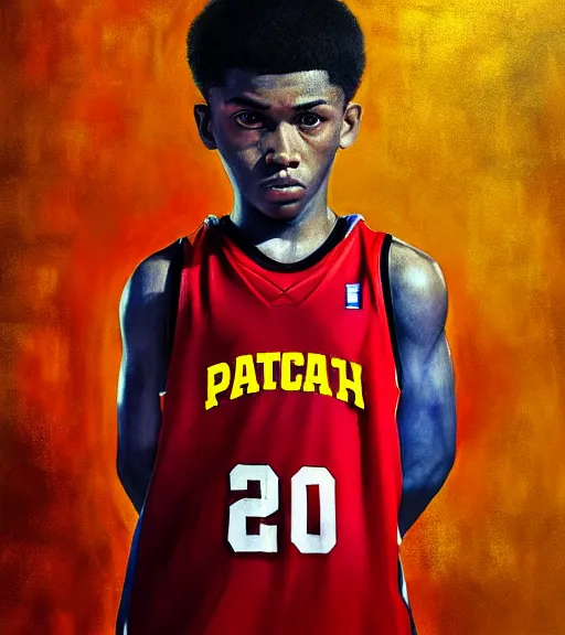 Prompt: portrait of a boy at a basketball court playing basketball wearing a basketball jersey in a basketball court standing near the basketball hoop, intense emotion, detailed facial expression, detailed surroundings, intricate, elegant, highly detailed, centered, digital painting, artstation, concept art, smooth, sharp focus, illustration, by (Michelangelo), WLOP