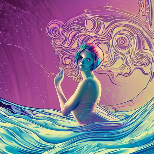 Prompt: elegant smooth female droid bathing in ocean waves of glossy liquid stardust flowing like psychedelic plasma, lsd waves, lsd ripples, backlit, dramatic, refracted lighting, art nouveau, ghost in the shell