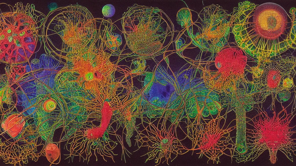 Prompt: quantum connections represented as symbiotic organisms like cells playing around with colorful lights by ernst haeckel, transparent