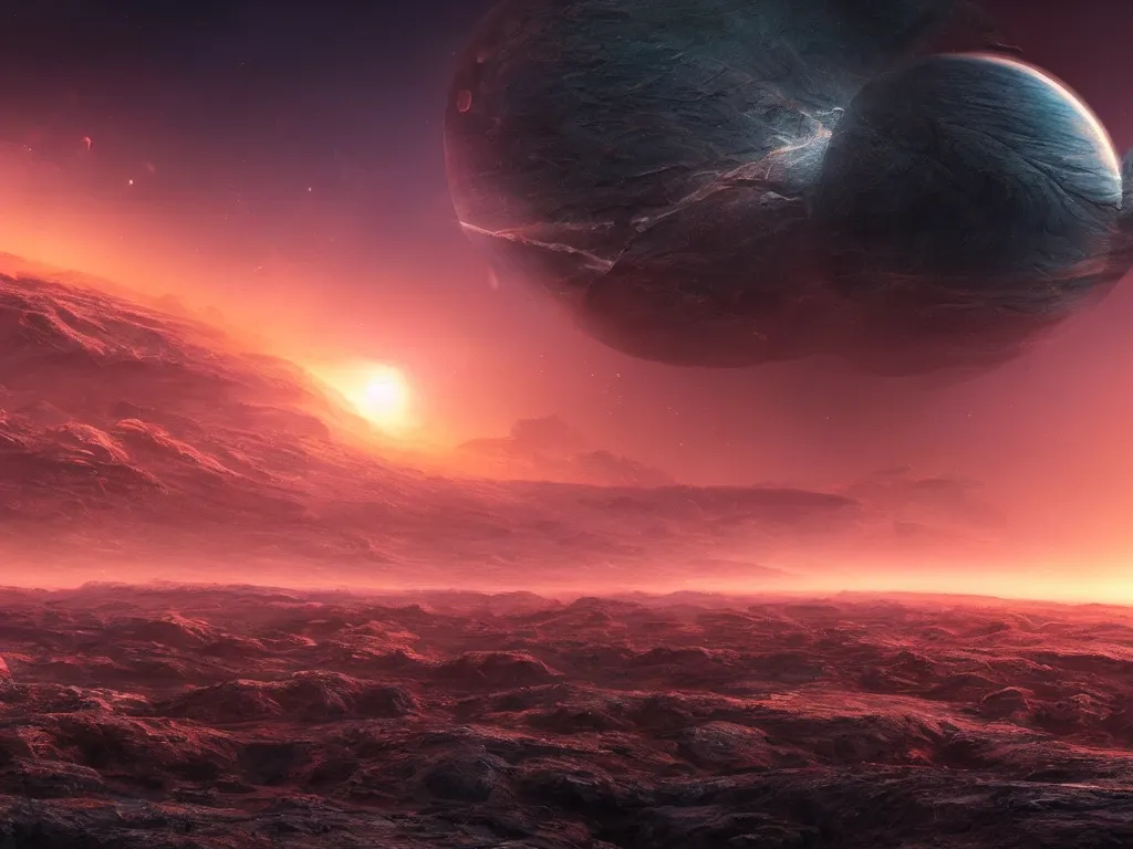 Prompt: landscape of dying alien planet, hyperrealistic, 4K wallpaper, highly detailed and beautiful