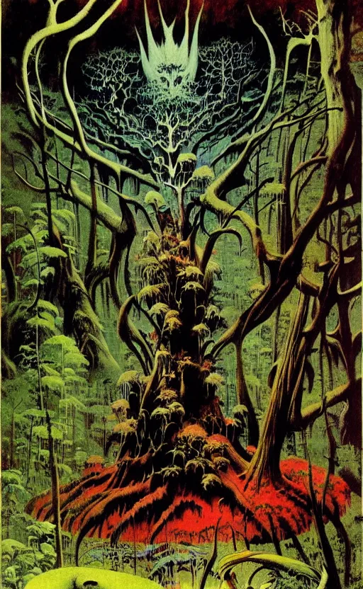 Prompt: trippy psychedelic enchanged forest illustration by frank frazetta