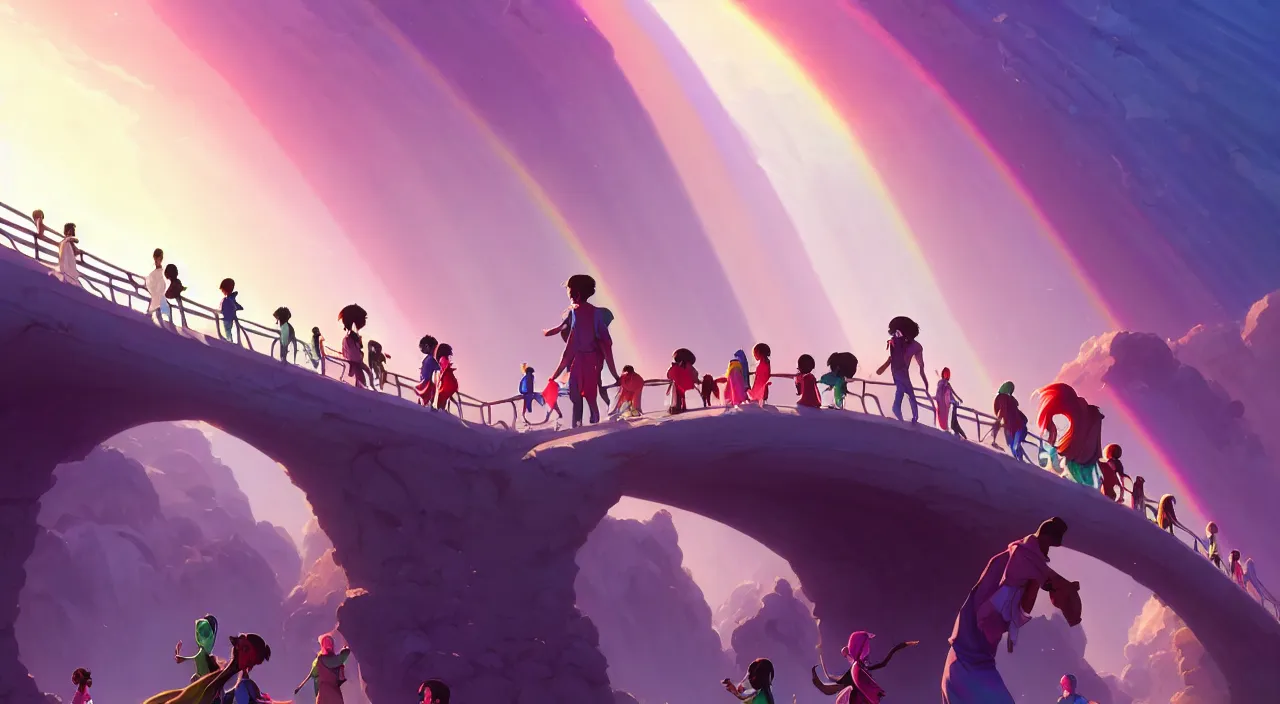 Image similar to incredible, mindblowing, refugees crossing a beautiful bridge made of rainbow hardlight, in marble incrusted of legends official fanart behance hd by jesper ejsing, by rhads, makoto shinkai and lois van baarle, ilya kuvshinov, rossdraws global illumination