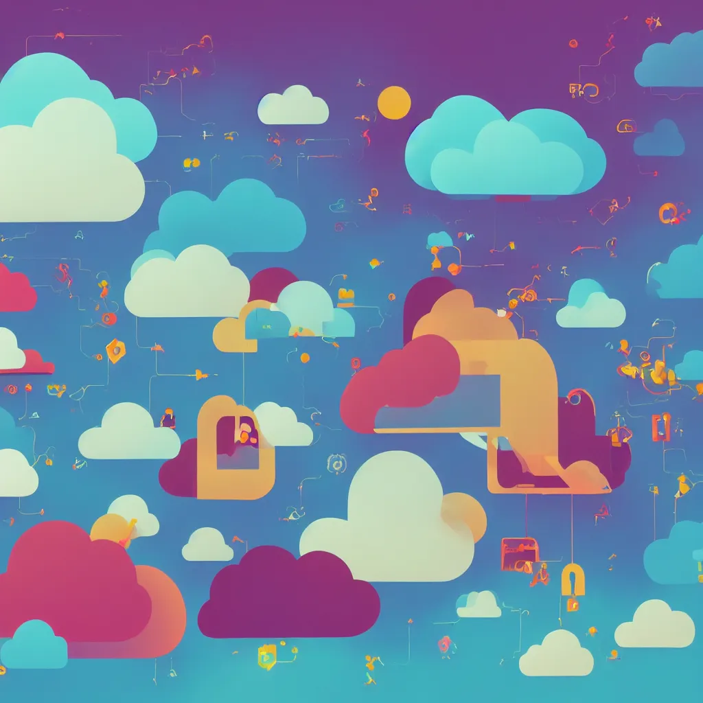 Image similar to a simple micro-service deployed to a public cloud, security, attack vector, trending on Artstation, painting by Jules Julien, Leslie David and Lisa Frank, muted colors with minimalism