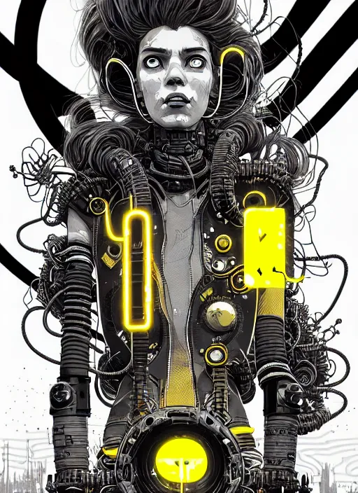 Image similar to highly detailed portrait of wasteland punk long curly bright yellow and white plasma electricity hair tribal lady, stray electric spark wiring by atey ghailan, james gilleard, by joe fenton, by greg rutkowski, by greg tocchini, by kaethe butcher, 4 k resolution, gradient yellow, black and white color scheme!!! ( ( lightning cloudy robotic dystopian city background ) )