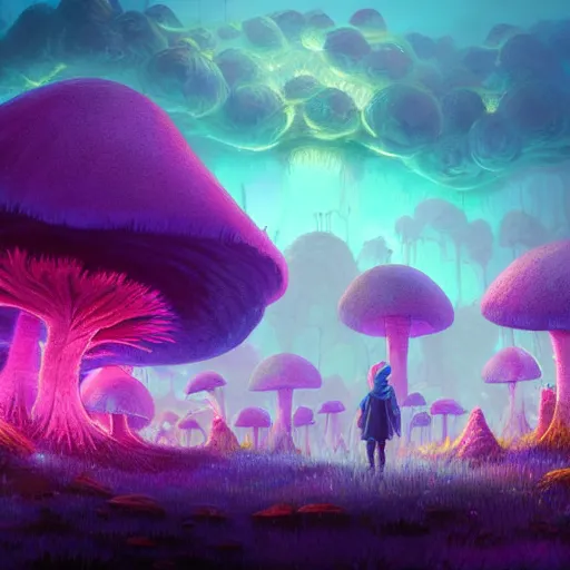 Image similar to concept art painting of a fantasy alien fungal landscape at night, magenta trees, glowing blue mushrooms, village of houses made of mushrooms, dark purple sky, realistic, detailed, cel shaded, in the style of makoto shinkai and greg rutkowski and albert bierstadt and james gurney