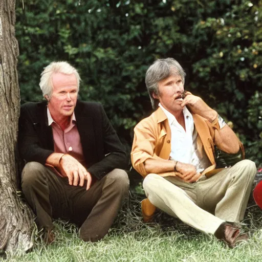 Image similar to kevin tighe and randy mantooth sitting by a dumpster, drinking from beer bottles, there are empty bottles scattered on the ground