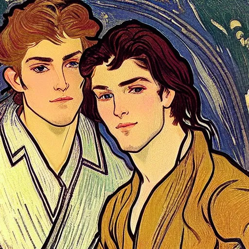 Prompt: closeup portrait of two male friends!, a young cute handsome beautiful human vidar with short brown messy pompadour hair together with a young handsome beautiful delicate longhaired pale elf taehyung with long wavy dark gorgeous long hair, long hairstyle, wearing armor!, modest!, cleanshaven!, stylish armor, art by alphonse mucha, vincent van gogh